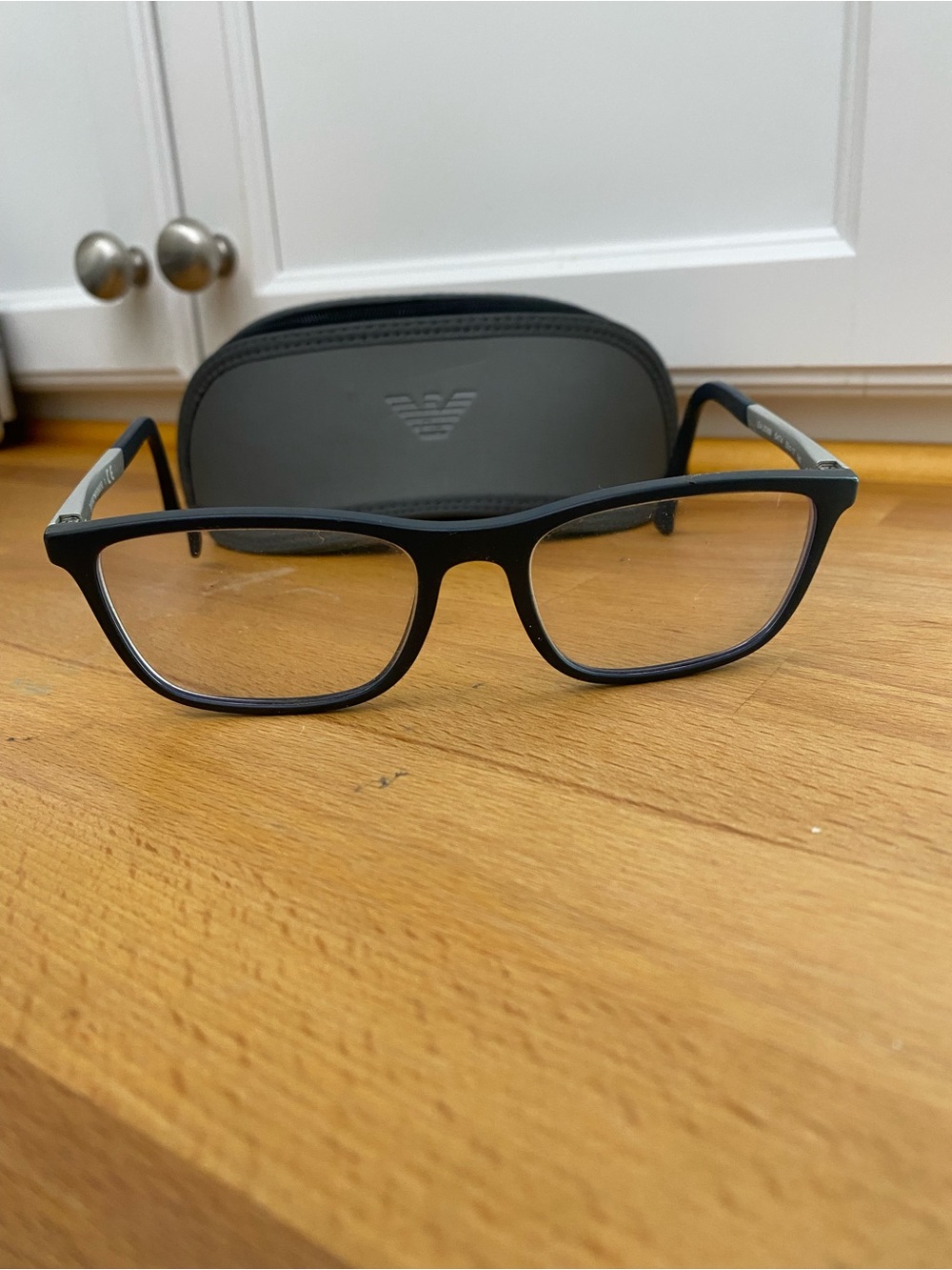 Emporio Armani Matte Dark Navy Full-Rim Rectangular Glasses with Logo Case
